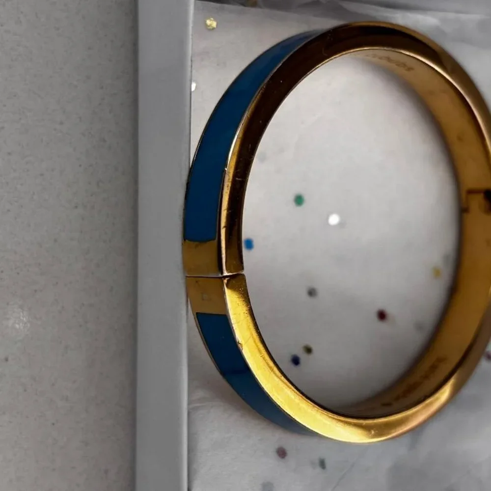 Kate Spade "Head in the Clouds" Gold and Blue Enamel Hinged Bangle Bracelet - Picture 4 of 7